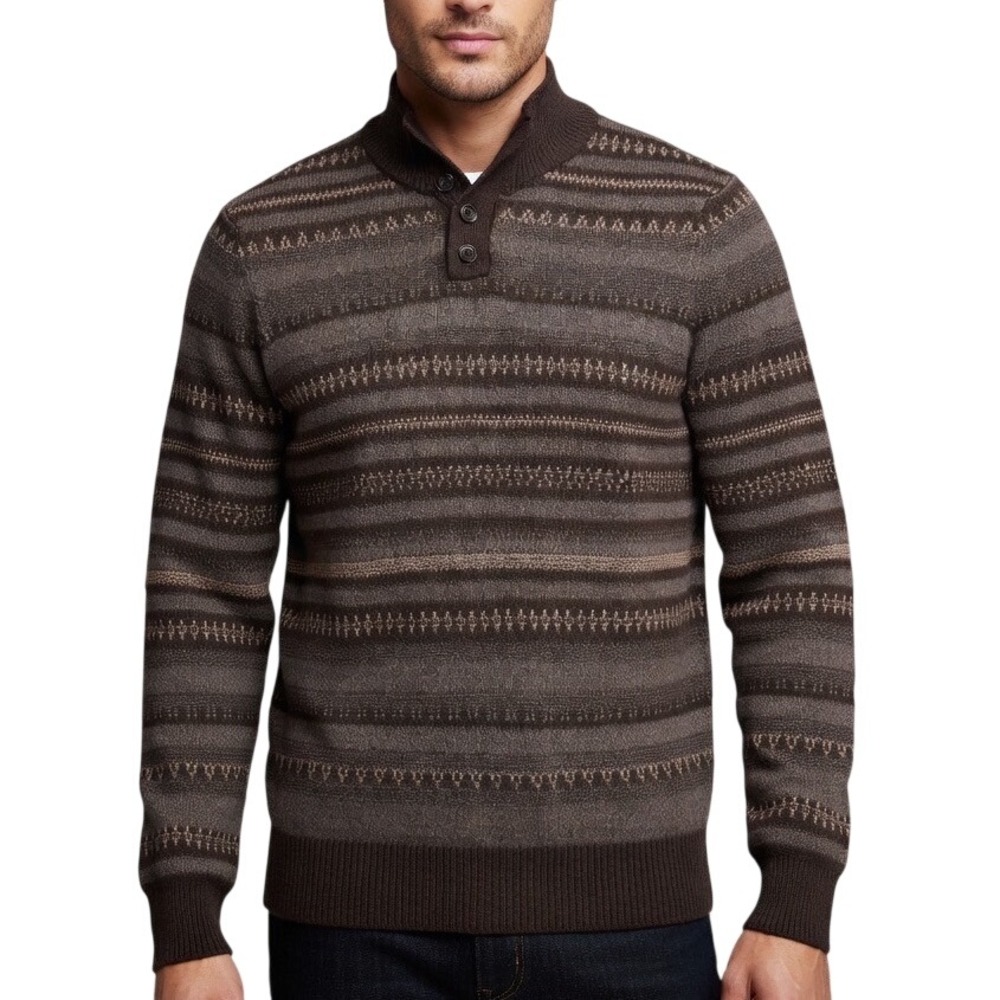 Mutual Weave Mens Brown Fair Isle Stripe Mock Neck Button Sweater LT Tall